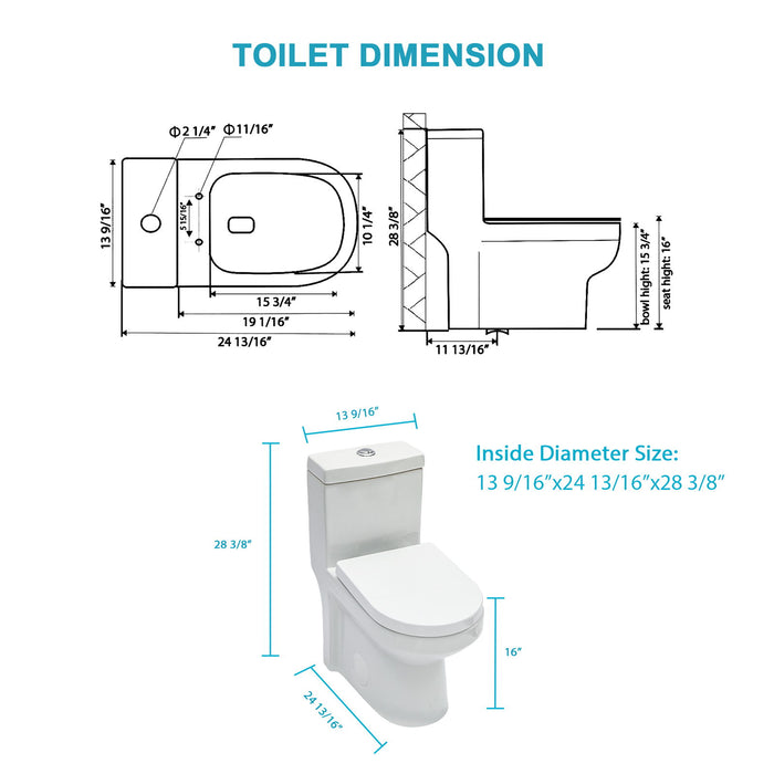 1 Piece Toilet For Bathroom, Dual Flush 1.1 / 1.6 Gpf, Soft Closing Seat - White