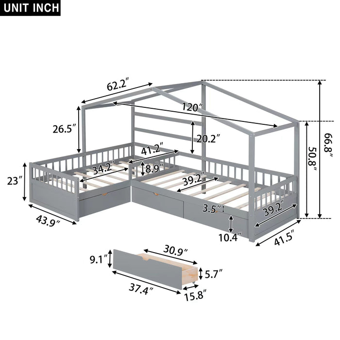 L Shape Platform Bed With 3 Storage Drawers