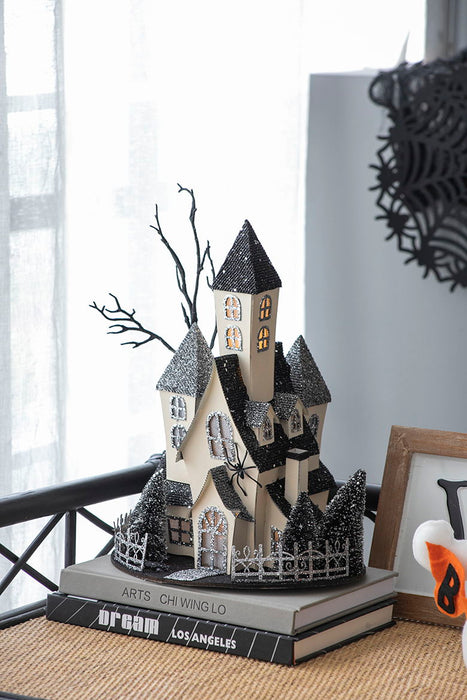 Cardboard Lighted Haunted House, Tabletop Holiday Halloween Decor, Battery Powered - Beige / Black