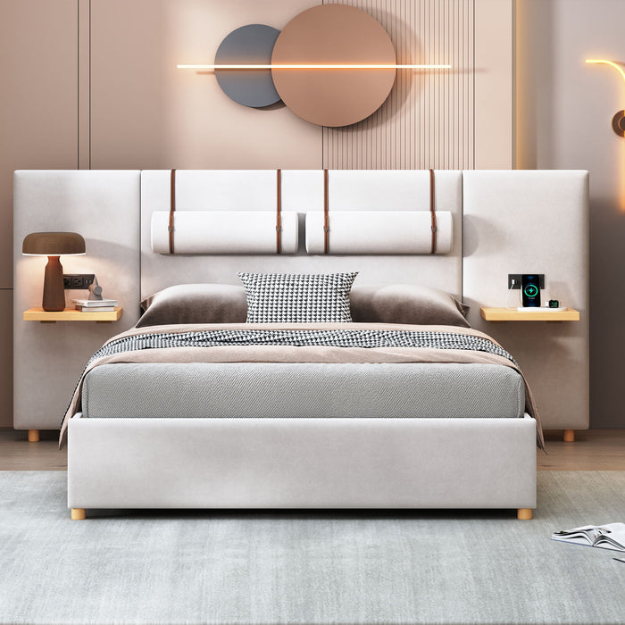 Upholstered Platform Bed, 2 Outlets And USB Charging Ports On Both Sides, 2 Bedside Pillows, Storage Shelves