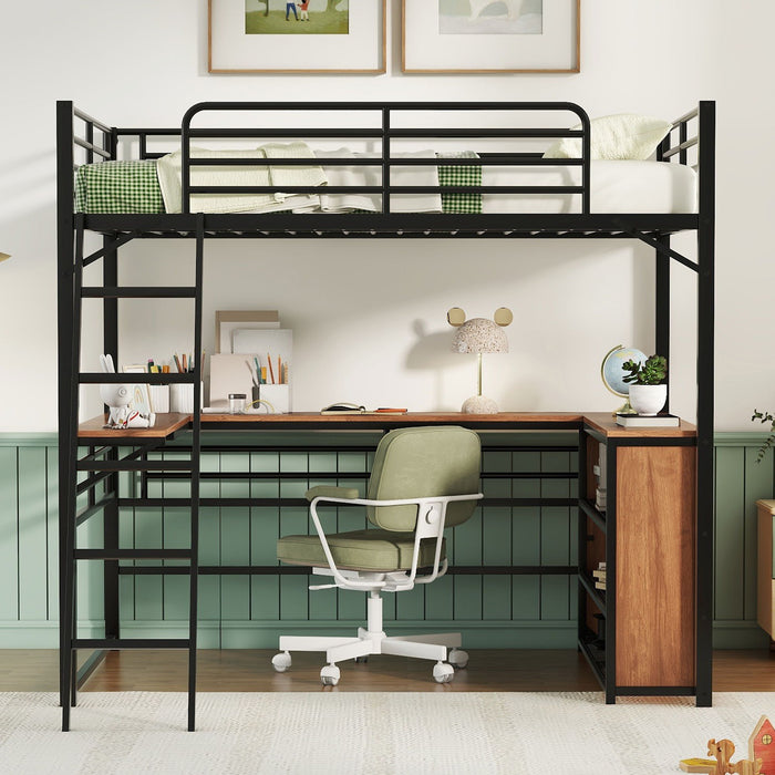 Full Size Loft Bed With 3 Layers Of Shelves And L-Shaped Desk - Black