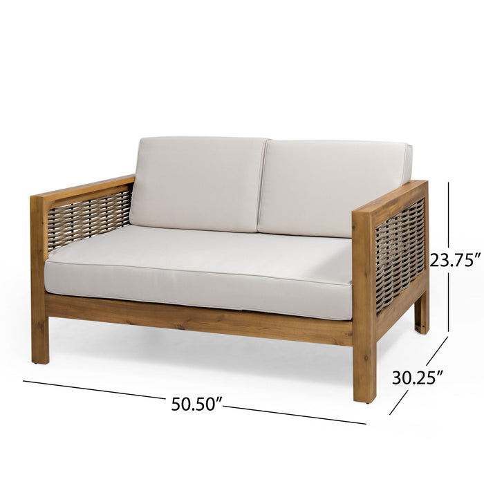 Outdoor 4 Seater Acacia Wood Chat Set With Wicker Accents And Cushions - Teak / Mixed Brown / Beige