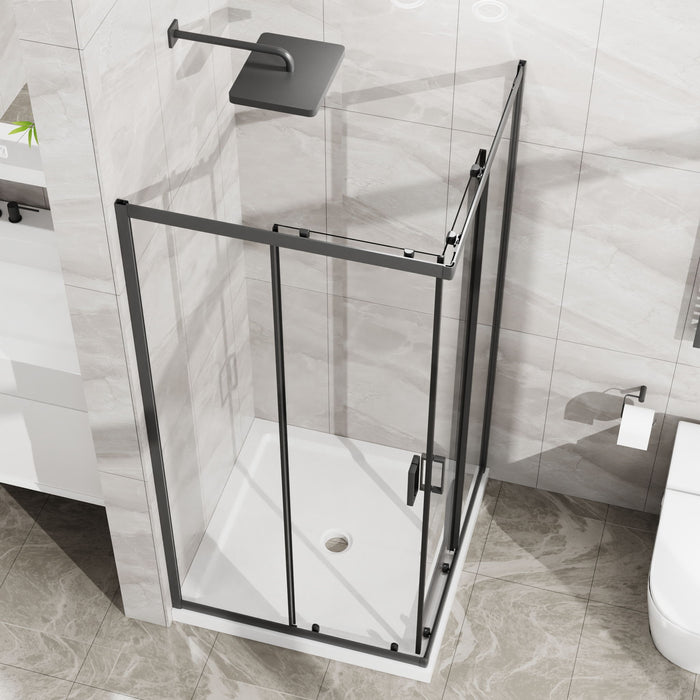 Corner Shower Enclosure, Double Sliding Door & Shower Base - Matte Black