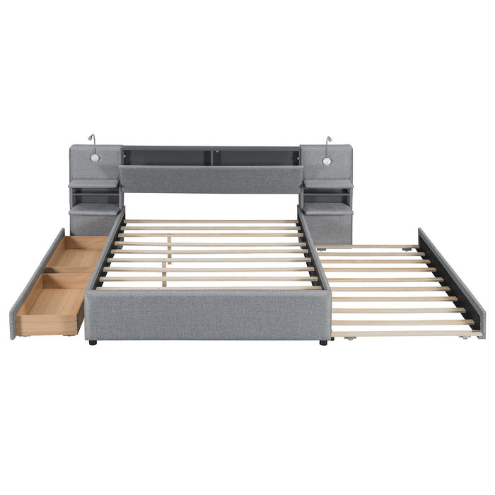 Upholstered Platform Bed With Reading Lights, Drawers, Trundle And Shelves