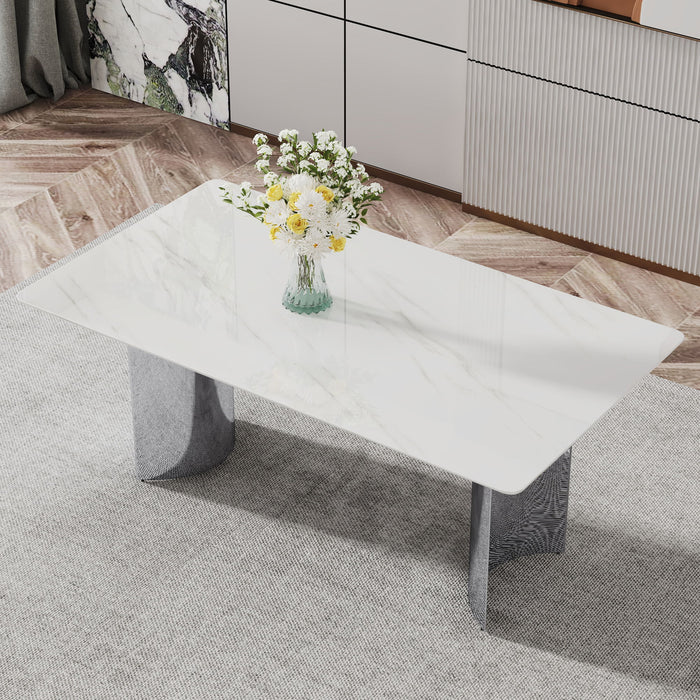 Modern Minimalist Dining Table With Imitation Marble Glass Surface And Metal Legs - White