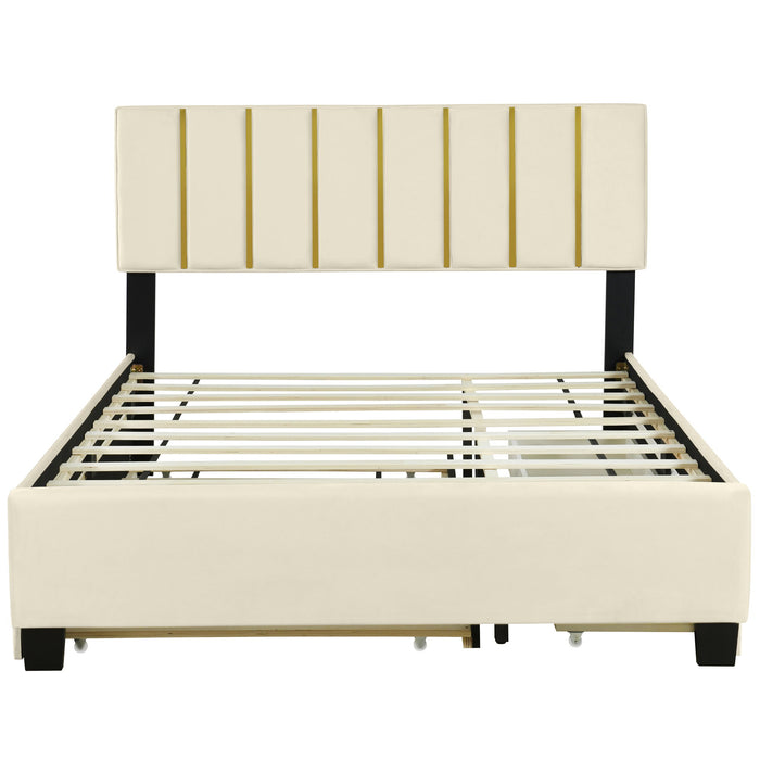 Upholstered Platform Bed With 2 Drawers And 1 Trundle, Classic Strip Headboard Design