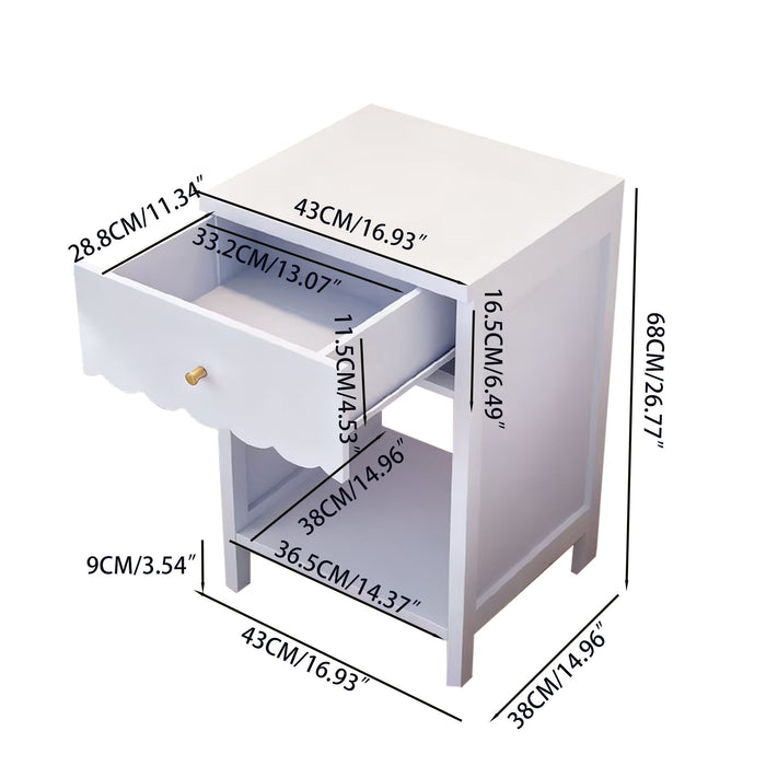 Nightstand With Drawer And Open Shelf, Scalloped Edge Bedside Table