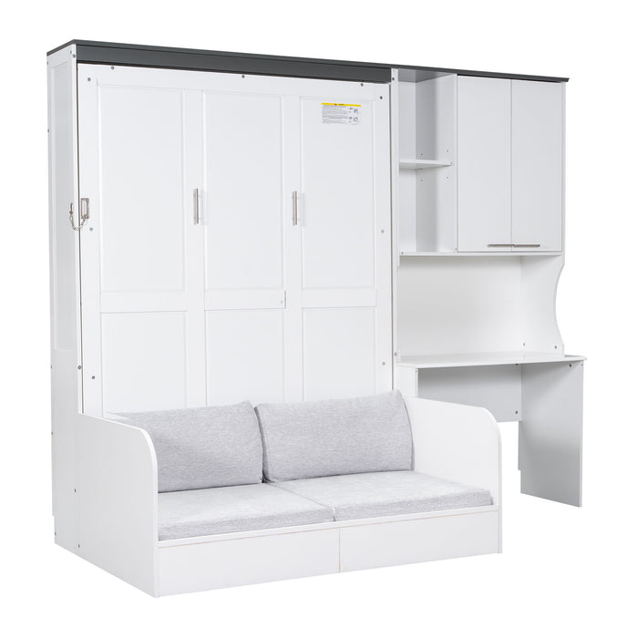 Multi Functional Murphy Bed With Sofa, Desk, And Storage Cabinet In, Full Size - White
