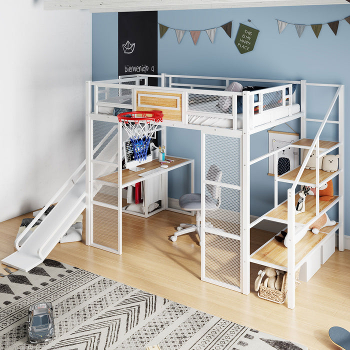 Loft Bed With Built In Desk, Open Wardrobe, Basketball Hoop, Slide And Staircase