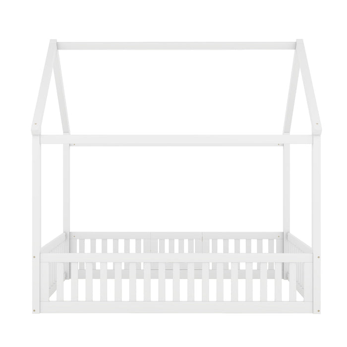 Wood House Bed With Fence And Door