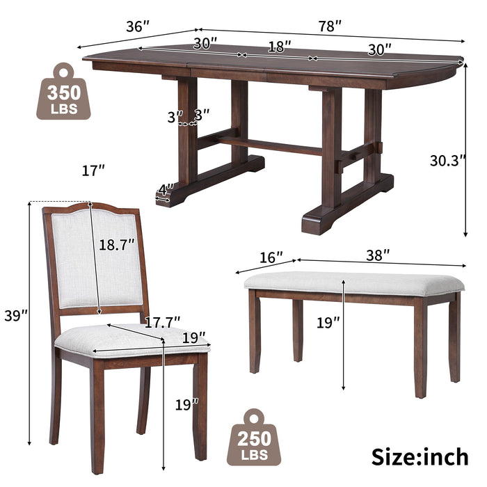 6 Piece Extendable Dining Table Set, Wood Table With Removable Leaf, 4 Upholstered Chairs And Bench - Cherry