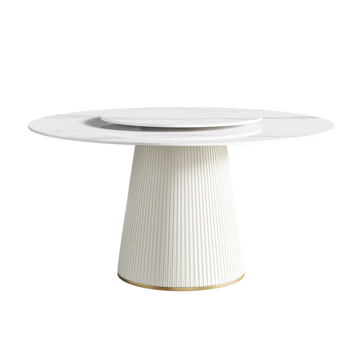 Modern Artificial Stone Round Plywood Base Dining Table, Can Accommodate 8 People, Artificial Stone Turntable (Not Including Chairs) - White / Beige