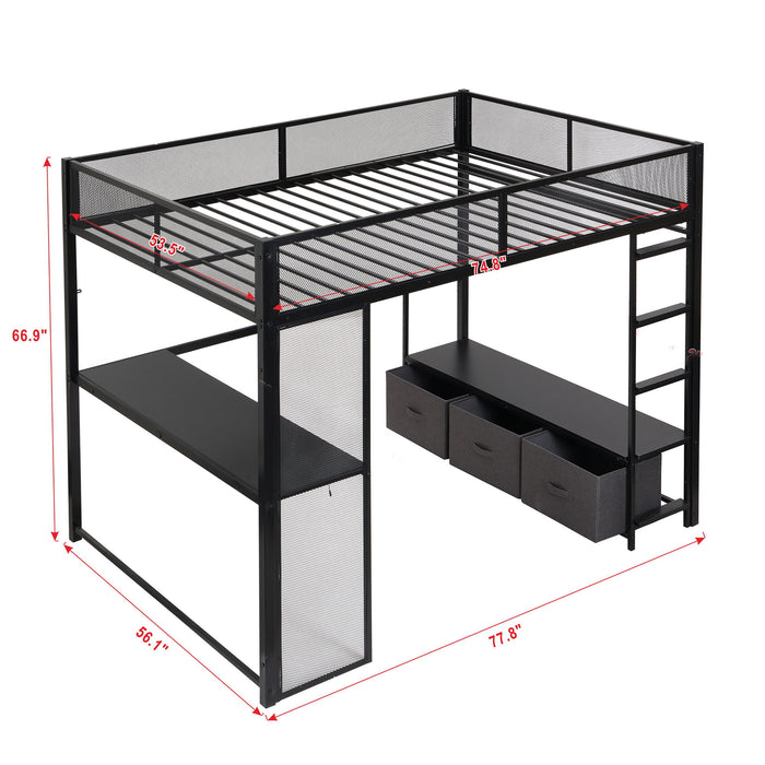 Full Size Gaming Loft Bed With LED Desk, Open Wardrobe, 3 Linen Storage Drawers - Black