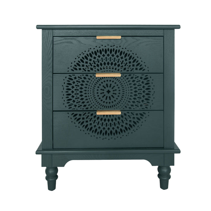 Hollow Carved 3 Drawer Dresser With Metal Handles, Storage Chest For Living Room Or Bedroom - Blackish Green