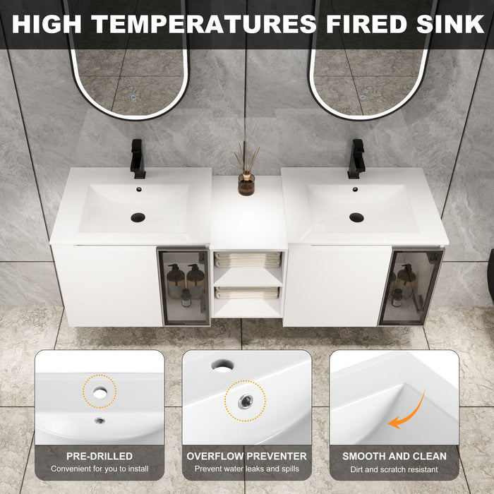 Wall Mounted Bathroom Vanity With Sink, Soft Close Doors, Cabinet & Half Door