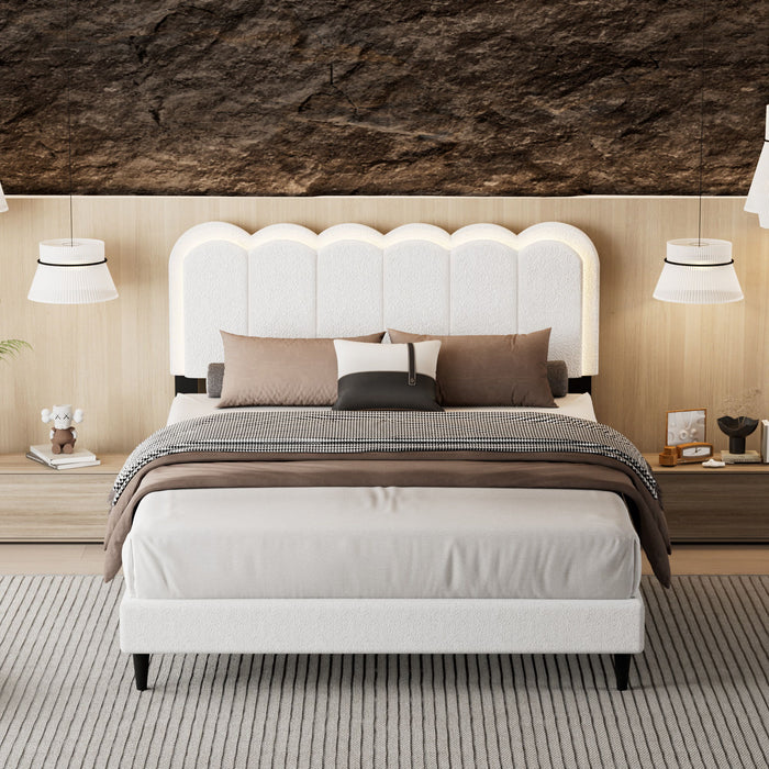 Queen Size Lambswool Petal Headboard Bed Frame With Ambient Light - White