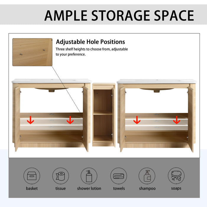 92" Freestanding Bathroom Vanity With Sink, 1 Small Storage Cabinet, Soft Close Door - Ameican White Oak