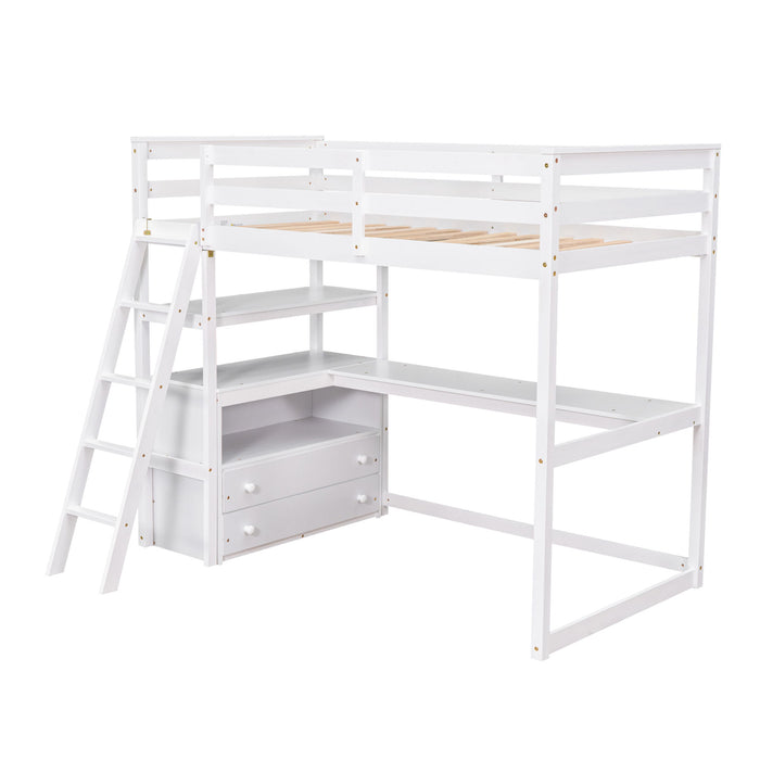 Modern Loft Bed With Built In Desk, Shelves, And 2 Drawers