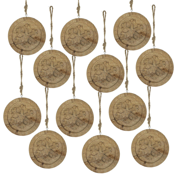Wooden Hanging Circle With Snowflake Cut Decorative Hanging Christmas Tree Ornaments For Holiday Party Decorations (Set of 12) - Multi