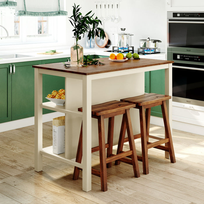 Rustic 3 Piece Stationary Kitchen Island Set With 2 Seatings, With 2 Open Shelves