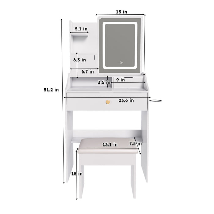 LED Vanity Mirror With Stool, 2 Drawers & 5 Storage Cabinets, Adjustable Lighting Mdf Dressing Table For Bedroom - White