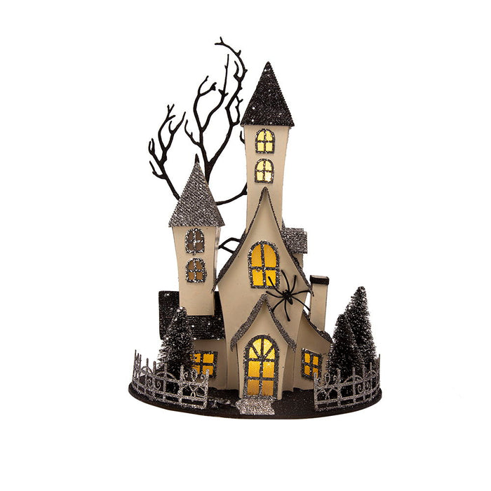 Cardboard Lighted Haunted House, Tabletop Holiday Halloween Decor, Battery Powered - Beige / Black