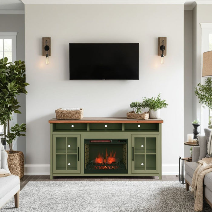 74" Fireplace TV Stand Console For TVs Up To 85" - Sage Green And Fruitwood
