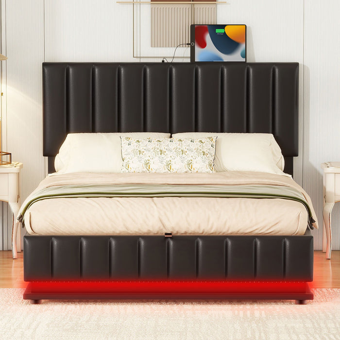 Upholstered Bed With Hydraulic Storage System And LED Light, With Sockets And USB Ports