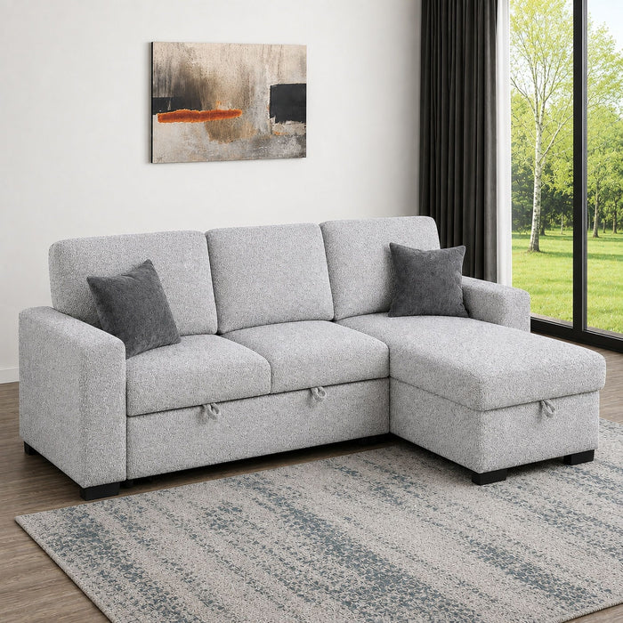 Buzz - Reversible Sleeper Sectional Sofa With Storage Chaise, Console Arm, USB Charging & Cup Holders - Gray