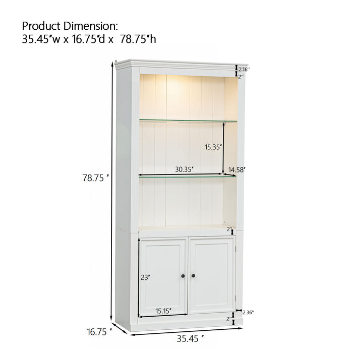 Retro Style Display Bookcase With Adjustable LED Ceiling Light And Tempered Glass Shelves - White