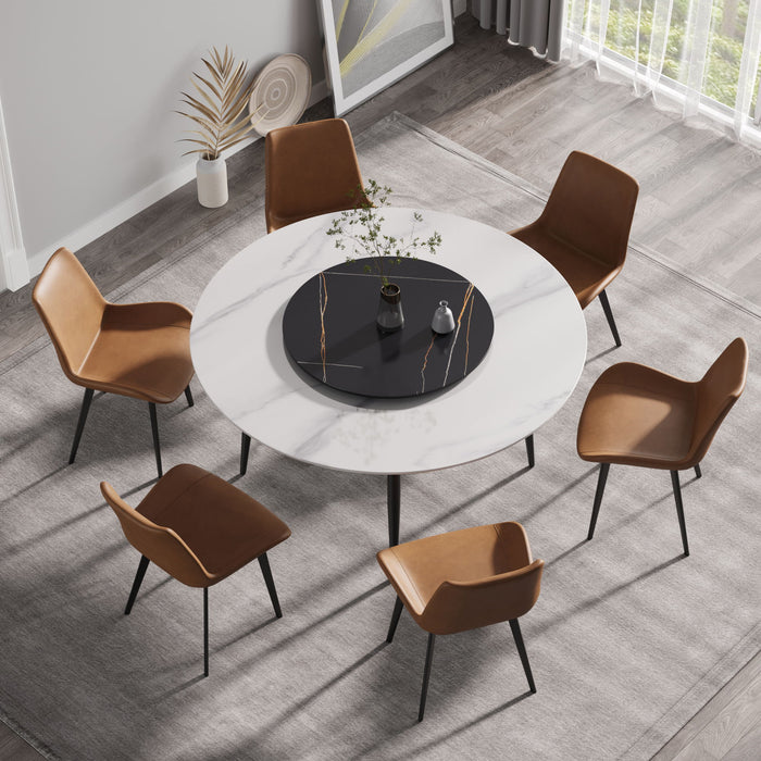 59.05" Modern Artificial Stone Round Metal Dining Table, Can Accommodate 6 People, Artificial Stone Turntable - Black / White