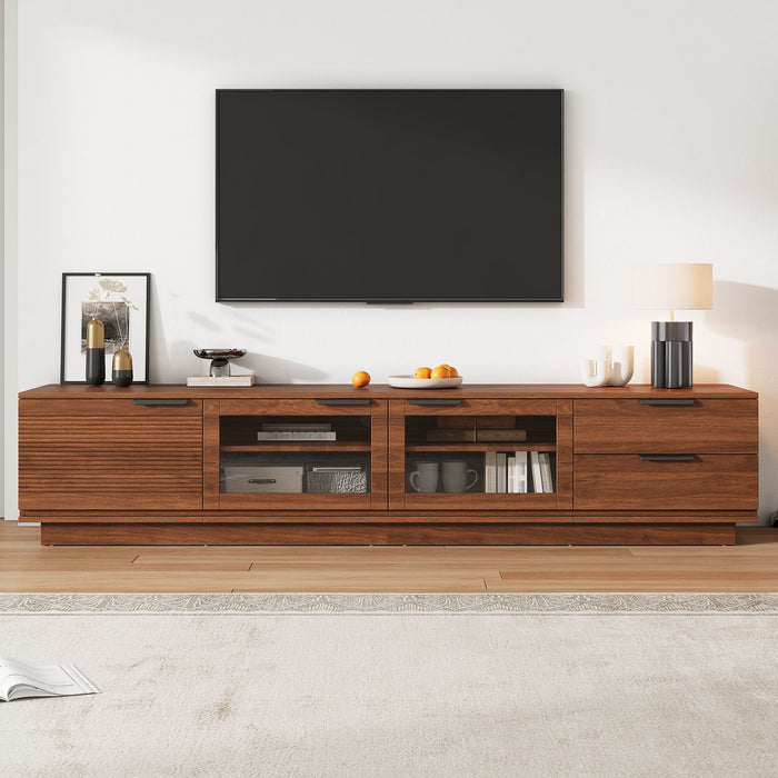 TV Stand With 2 Drawers, Doors & Cable Management, Soft Closing Hinges - Walnut