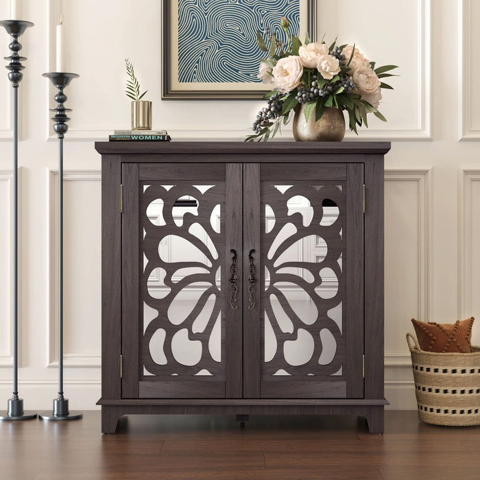Elegant Sideboard With 2 Acrylic Mirrored Doors, Adjustable Shelf Storage