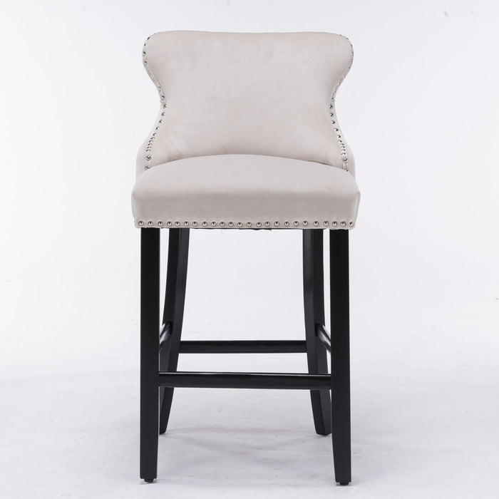 Contemporary Upholstered Wing-Back Barstools With Button Tufted Decoration And Wooden Legs, And Nailhead Trim, Leisure Style Bar Chairs, Bar Stools (Set of 2)