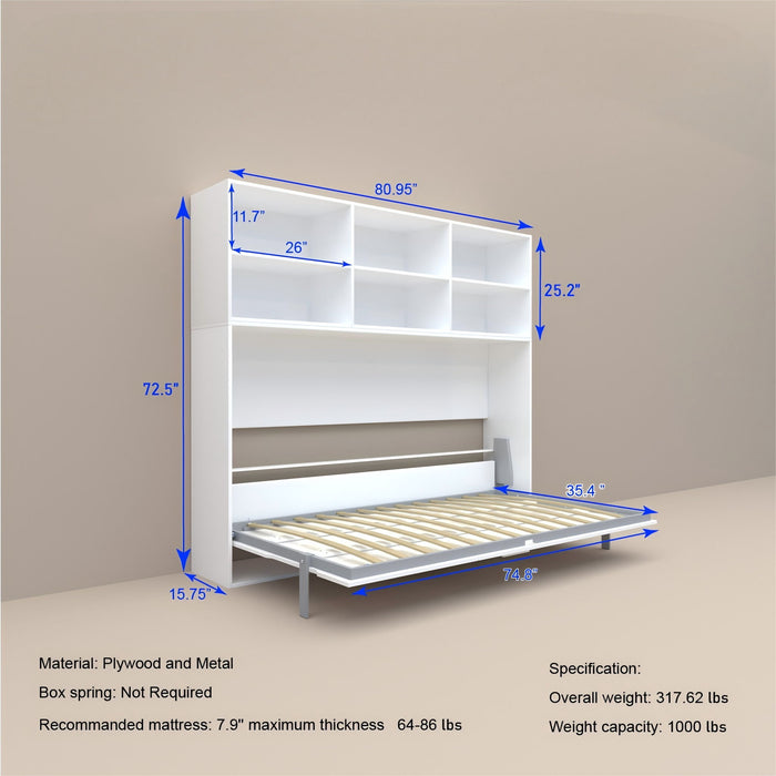 Mordern Design Twin Size Horizontal Murphy Bed With Shelf Storage For Bedroom Or Guestroom Wall Bed Space Saving Hidden Bed With New Style Gas Struts - White