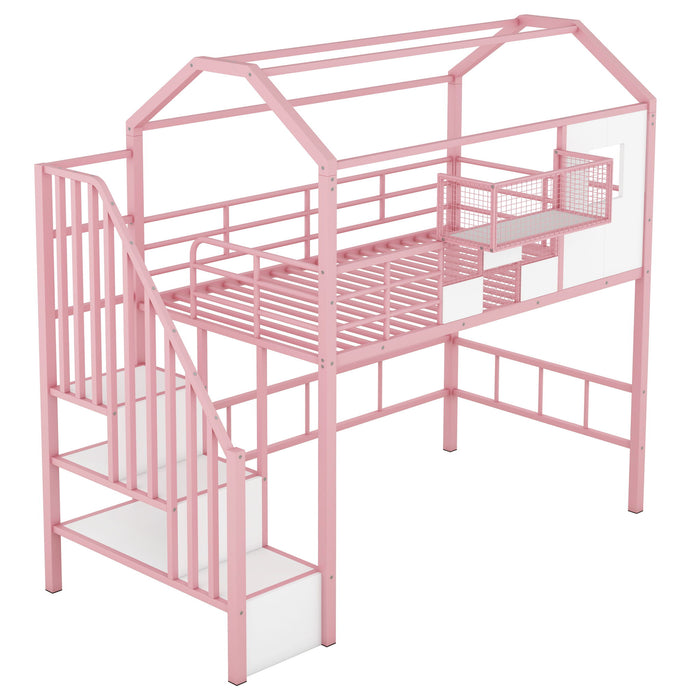Metal Loft Bed With Roof Design And Storage Box With Guardrails And Integrated Ladder