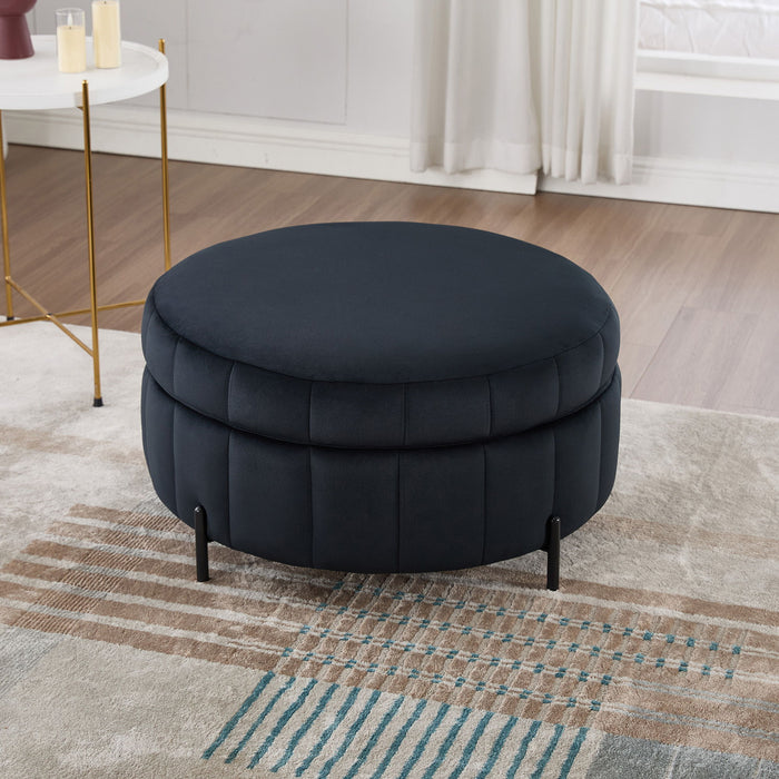 Upholstered Round Ottoman With Reversible Lid, Channel Tufted Pumpkin Shape