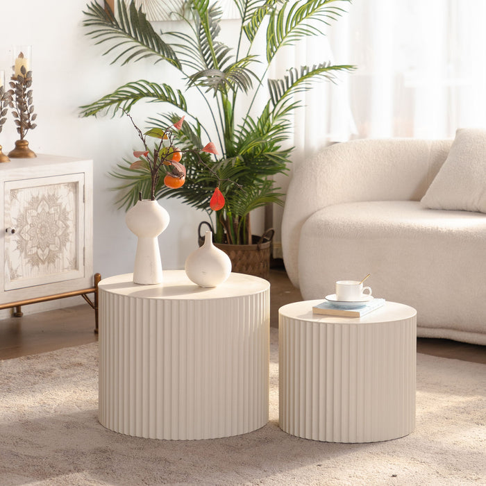 Drum Nesting Coffee Table With Wave Stripe Design For Living Room (Set of 2) - Beige / White