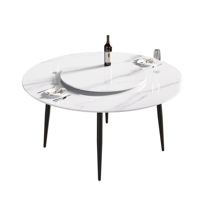 59.05" Modern Artificial Stone Round Metal Dining Table, Can Accommodate 6 People Artificial Stone Turntable - White / Black