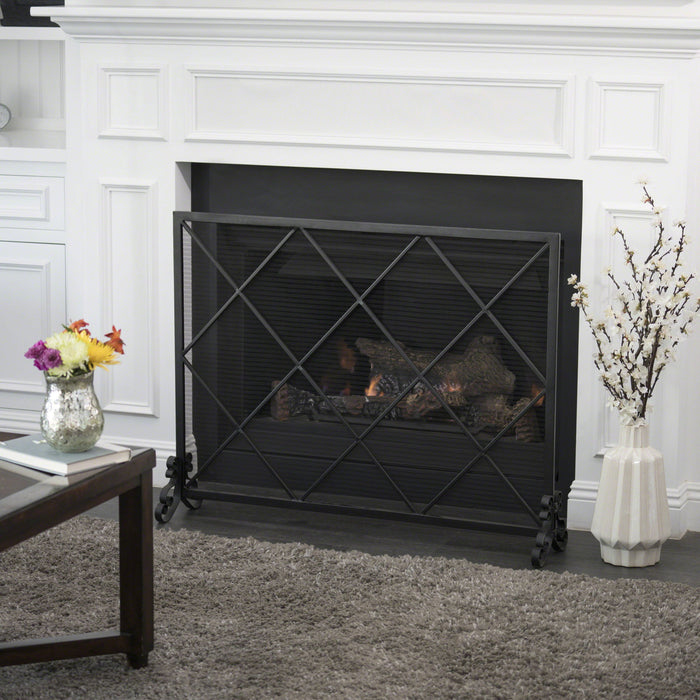 Minimalist Single Panel Iron Fireplace Screen With Diamond Design