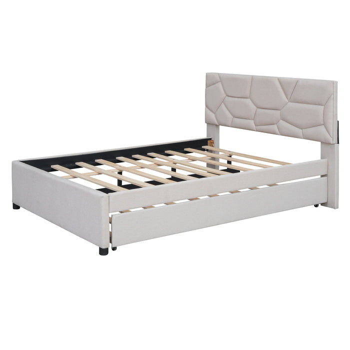 Upholstered Platform Bed With Brick Pattern Headboard And Twin Long Size Trundle