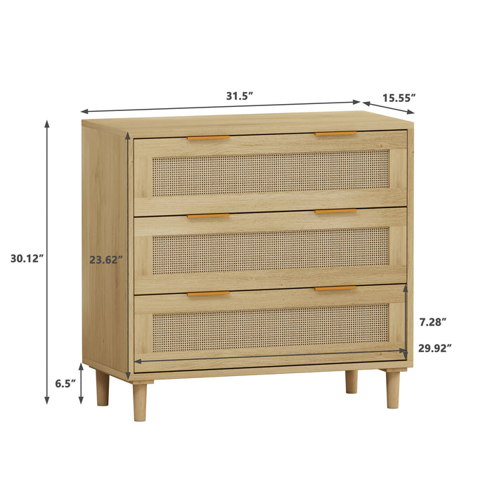 3 Drawer Storage Cabinet With Rattan Drawers For Bedroom, Living Room - Oak