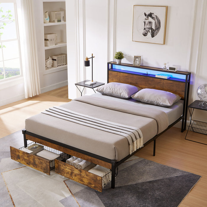 Modern Metal Platform Bed Frame With Wooden Headboard And Footboard, USB Charging Station, LED Lights, 2 Drawers