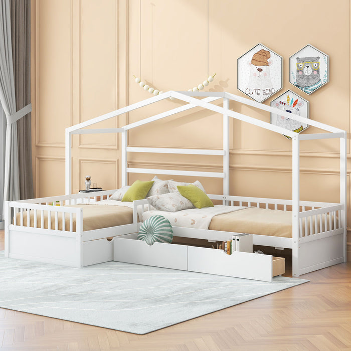 L Shape Platform Bed With 3 Storage Drawers
