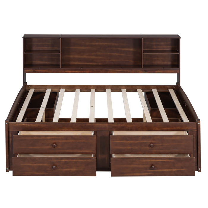 Full Size Captain Bed With Built In Storage Shelves, 4 Drawers And 2 Cabinets - Antique Brown