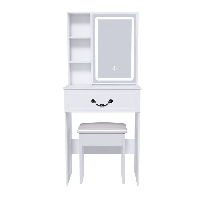 Modern Mini Dressing Table With Led-Lit Mirror & Hidden Storage, Adjustable Brightness Vanity Desk - White