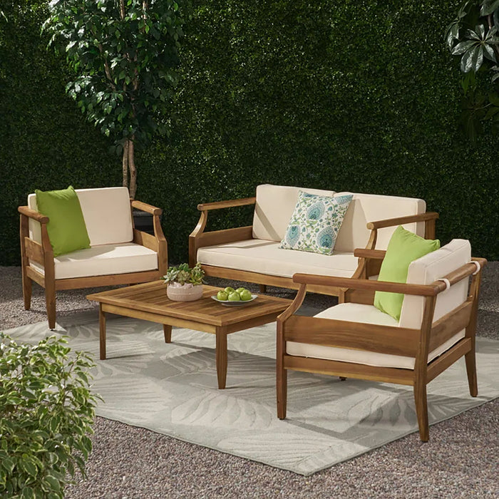 Alluvion - 4 Piece Wood Outdoor Patio Conversation Set With Cream Cushions - Teak / Beige