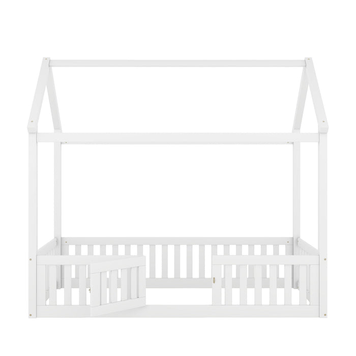 Wood House Bed With Fence And Door