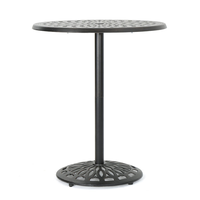 Elegant Cast Aluminum Round Bar Table With Romantic Filigree Design - Copper