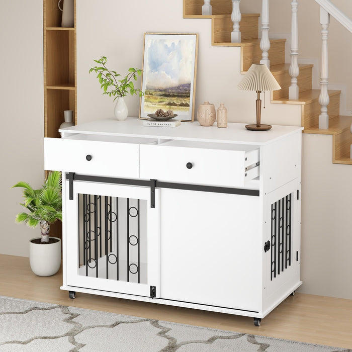 Dog Crate Furniture With Double Drawers And Sliding Barn Door, Pet Kennel For Small To Medium Dogs - White